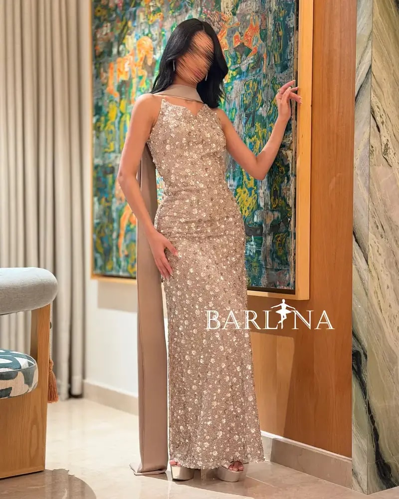 Beige evening dress with sparkling details