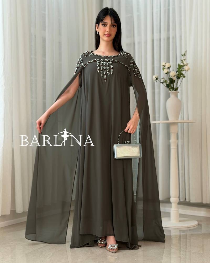 Dark olive chiffon jalabiya with luxurious embroidery
