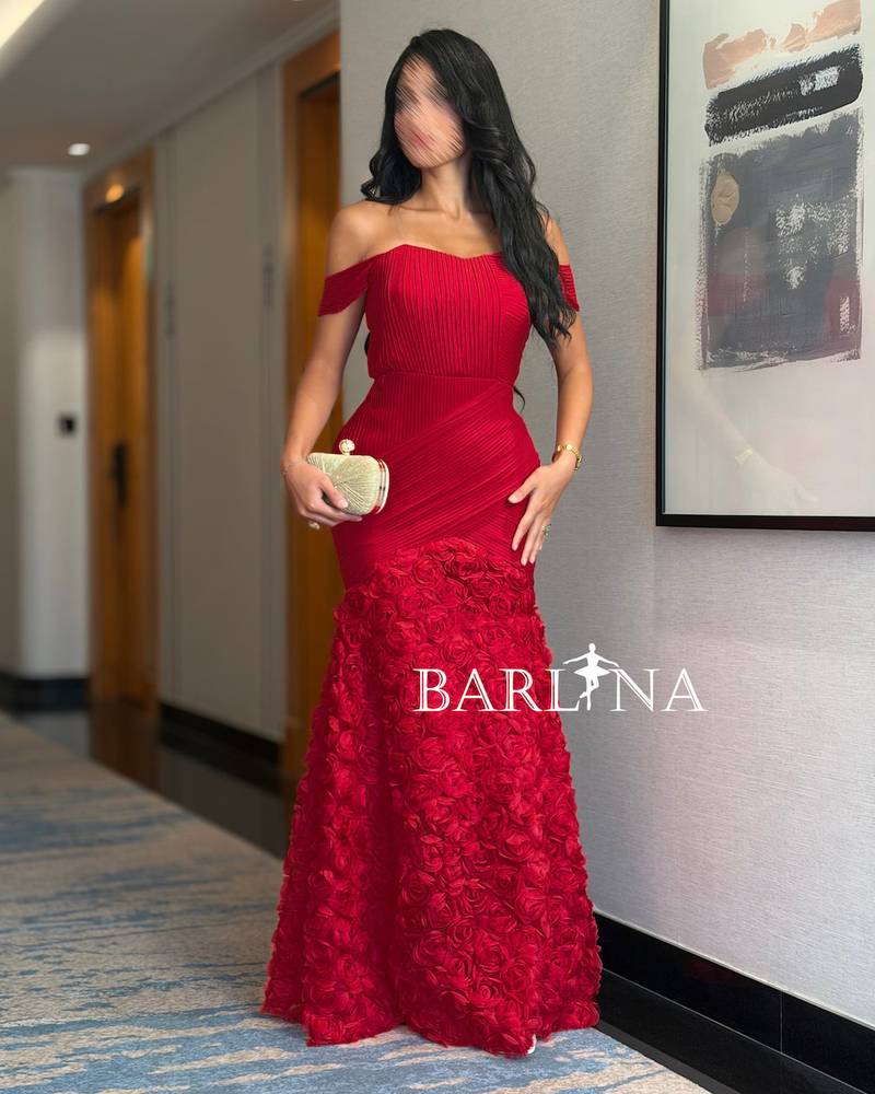 Red off-shoulder dress adorned with roses