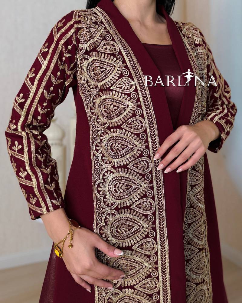 Red jalabiya with gold embroidery and an open cut