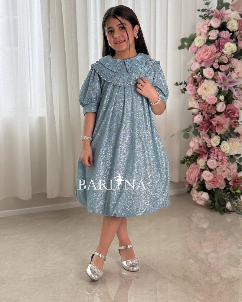 A sparkly girl's dress with a wide embroidered collar
