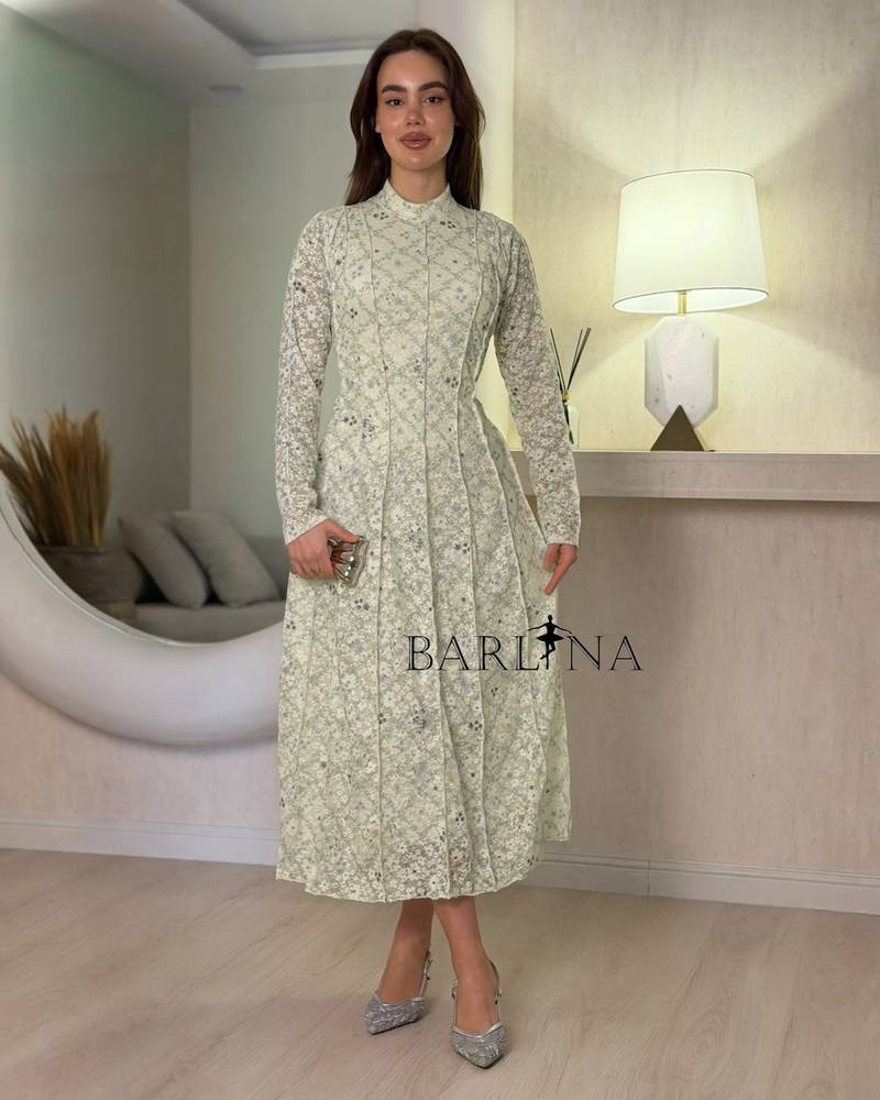 Off-white dress with apple-colored floral print