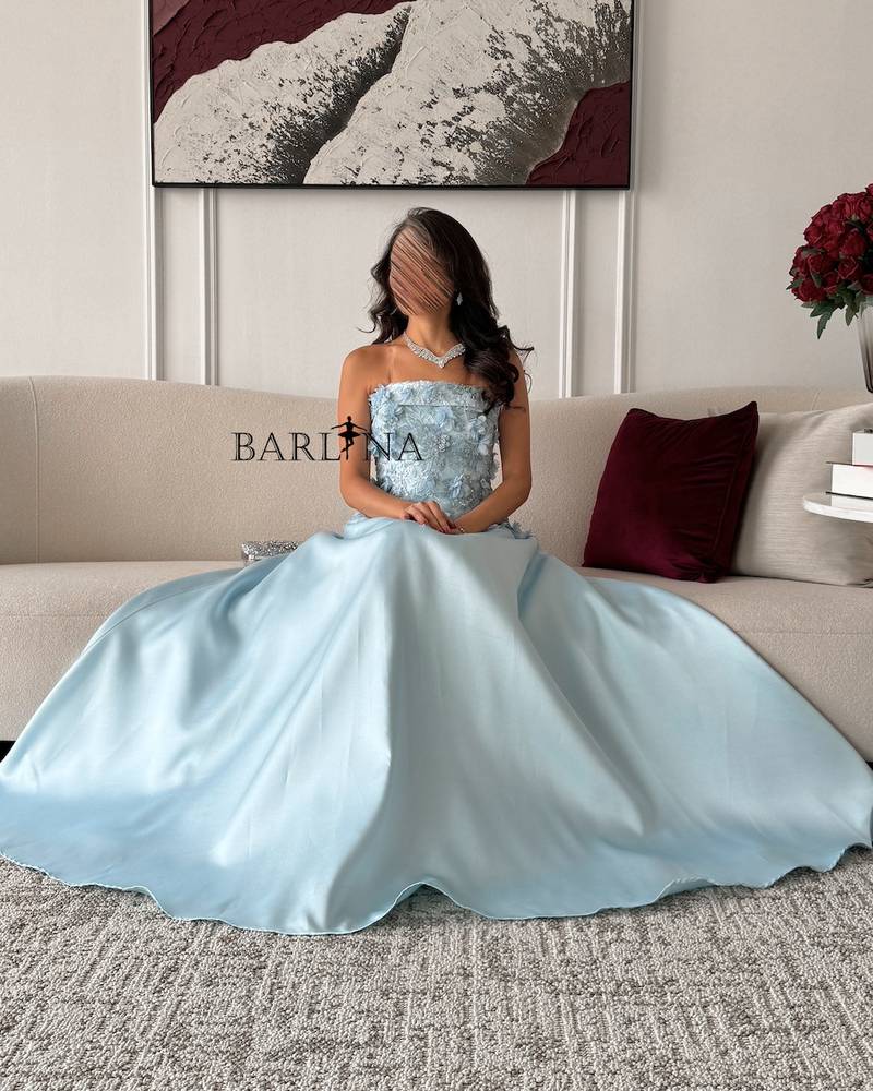 Sky blue long off shoulder evening dress