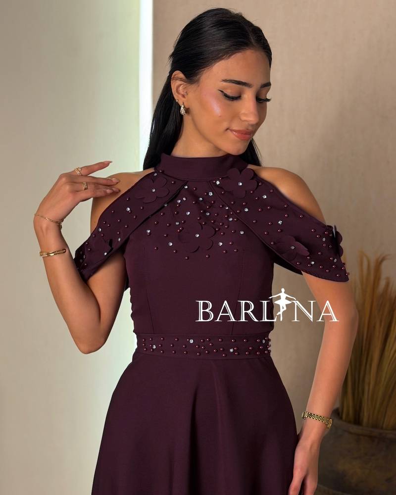 Lilac dress embroidered with pearls and roses