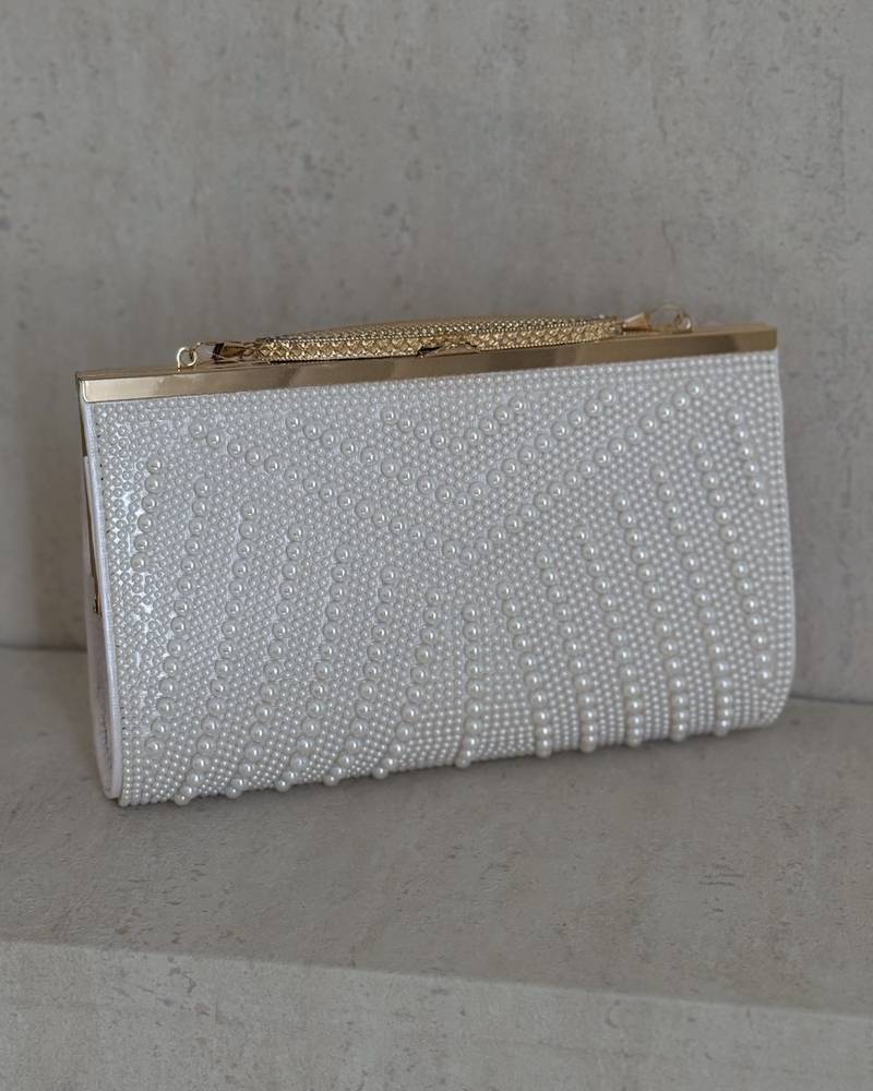 Pearl evening clutch bag with a geometric design