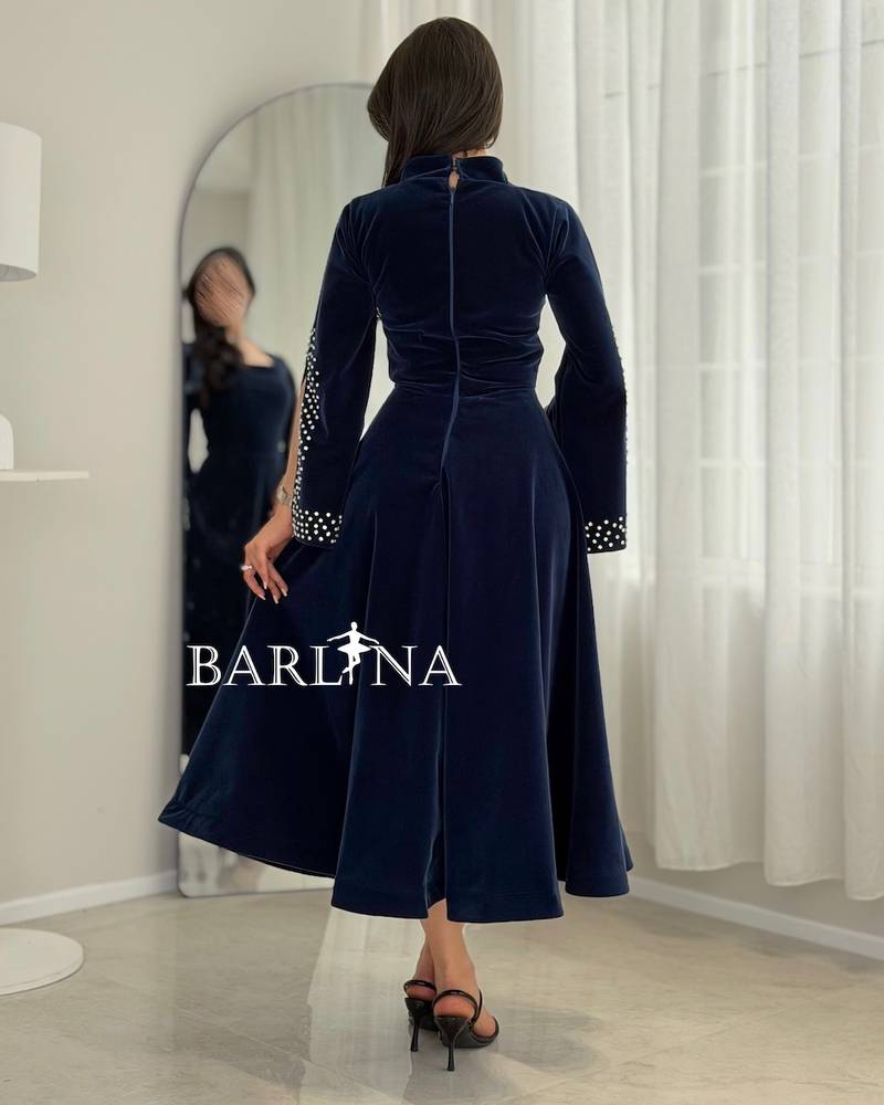 Navy blue velvet dress embroidered with pearls