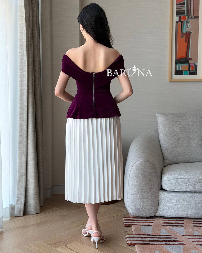 Burgundy velvet dress with soft white pleats