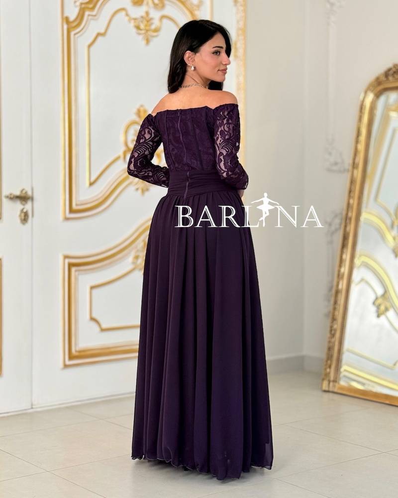 Purple off-shoulder dress with lace details