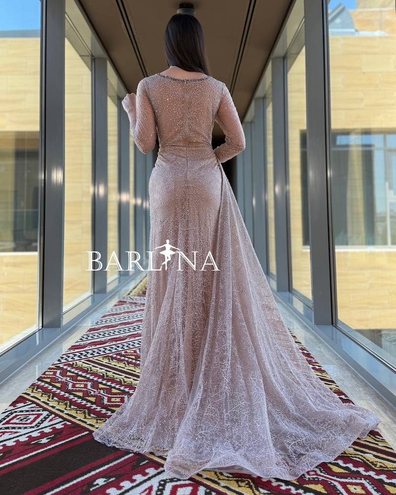 Embroidered nude dress with side train and silver studs