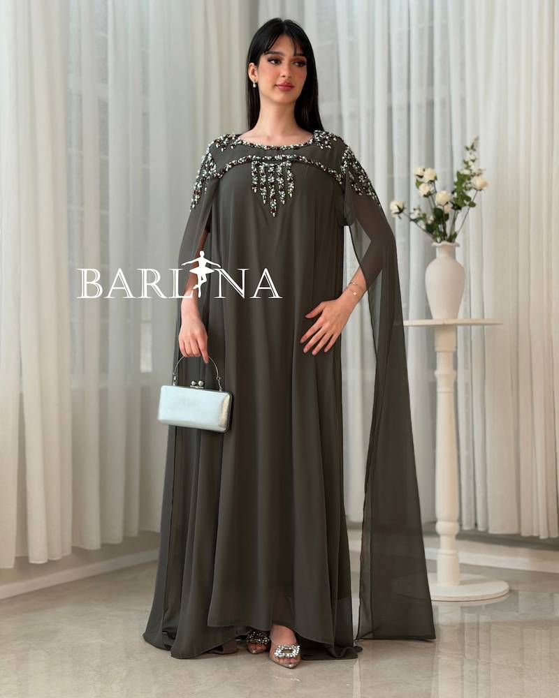 Dark olive chiffon jalabiya with luxurious embroidery