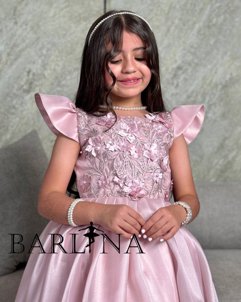 Girls' pink dress with 3D embroidery