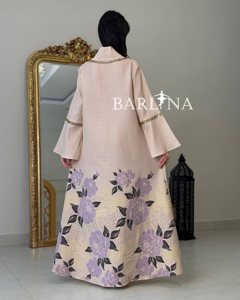 Long beige jalabiya with a delicate floral pattern