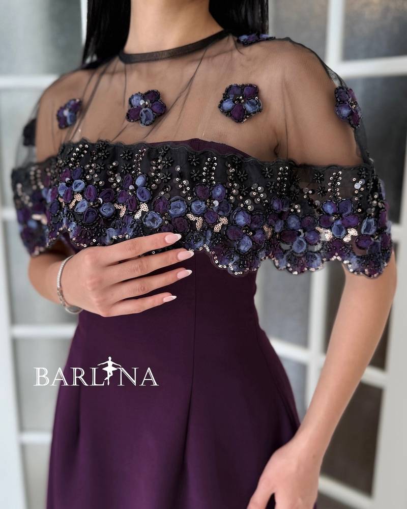 Purple dress with a sheer embroidered collar