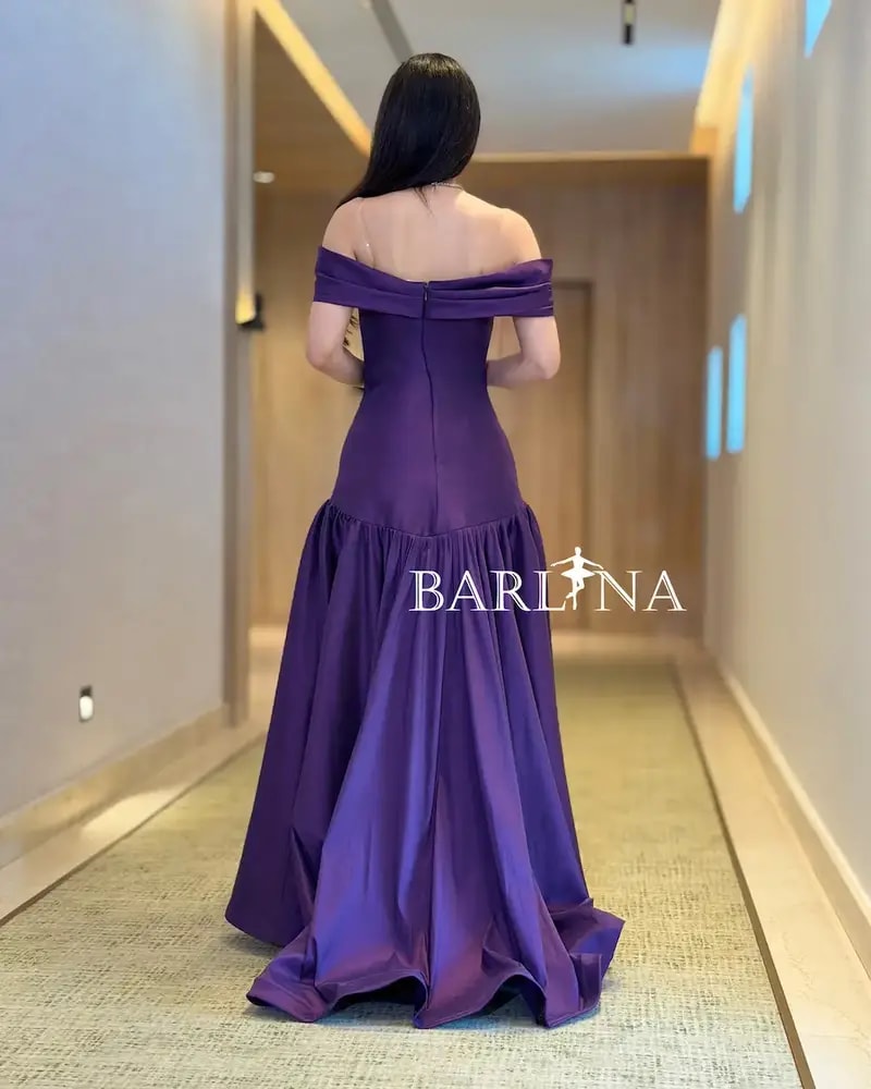 Royal purple off-shoulder evening dress