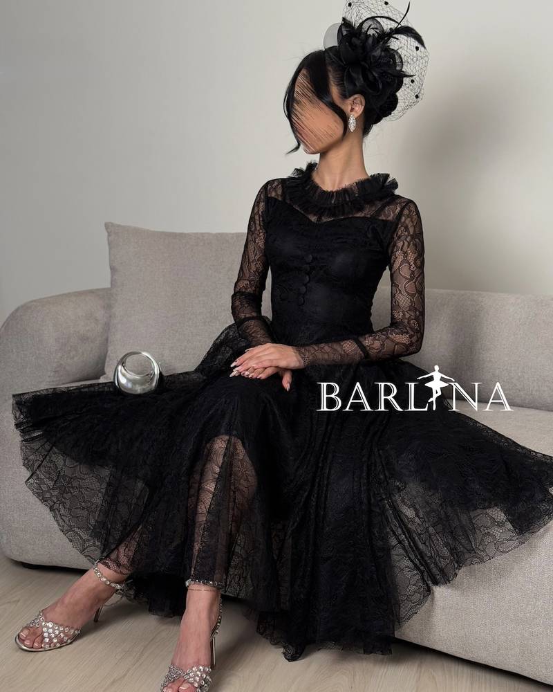 Elegant high-neck midi lace dress