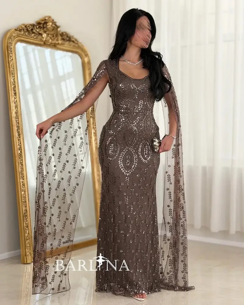 Luxurious brown evening dress fully embroidered