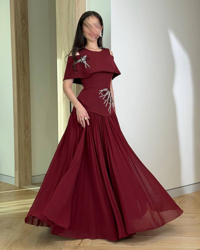 Burgundy Off-Shoulder Beaded Dress