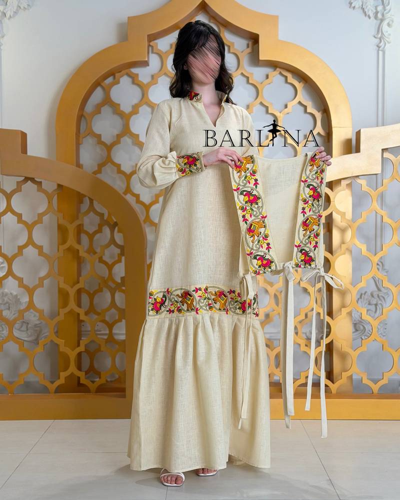Beige jalabiya with colorful embroidery and a waist belt