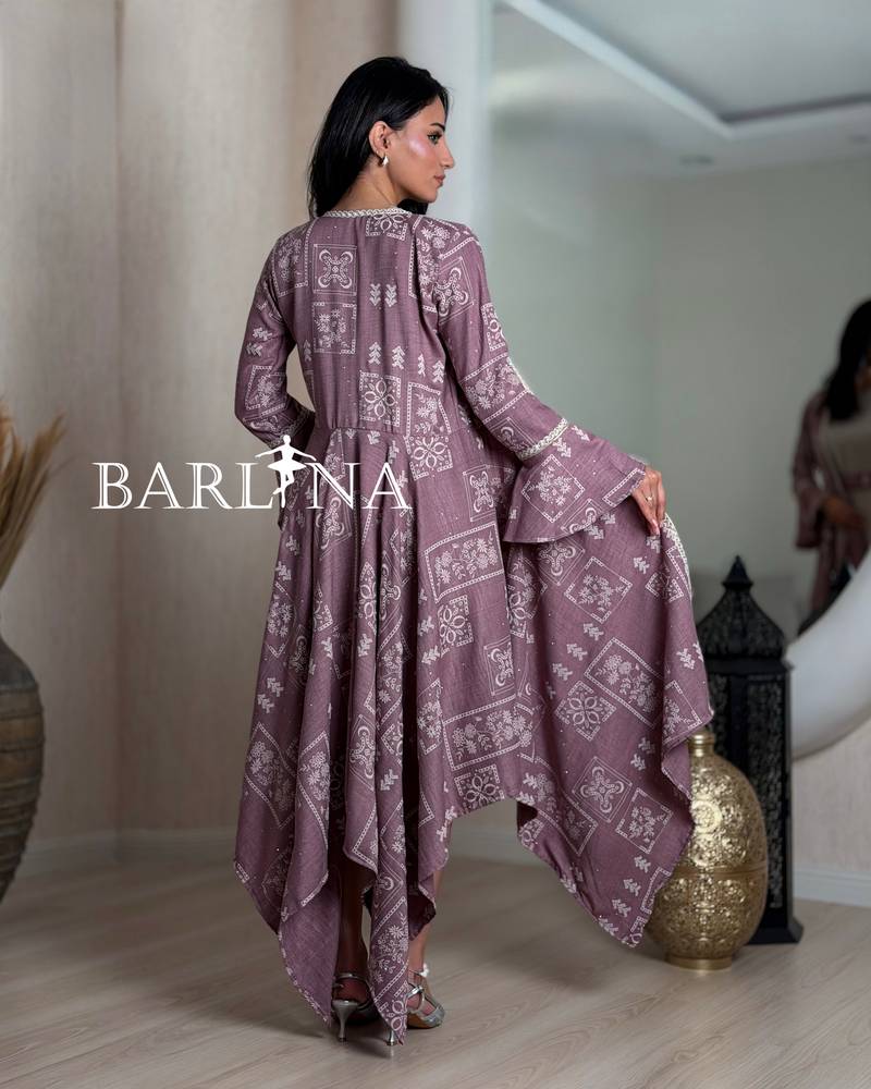 Purple jalabiya with patterns and a slanted hem