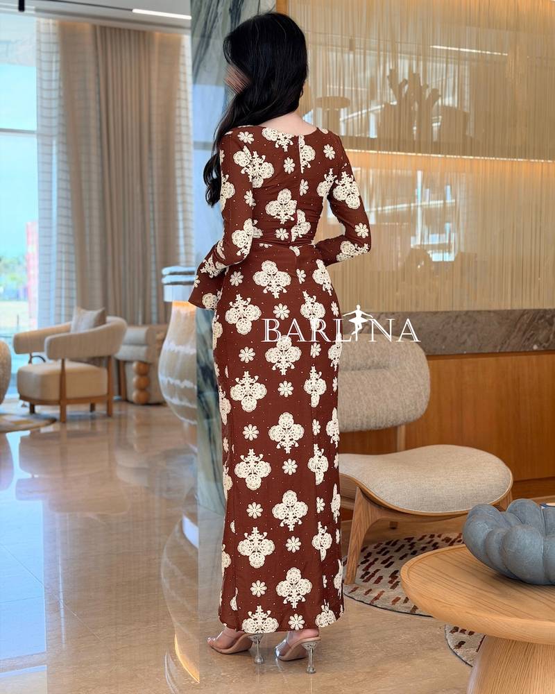 Soft copper brown dress with floral patterns