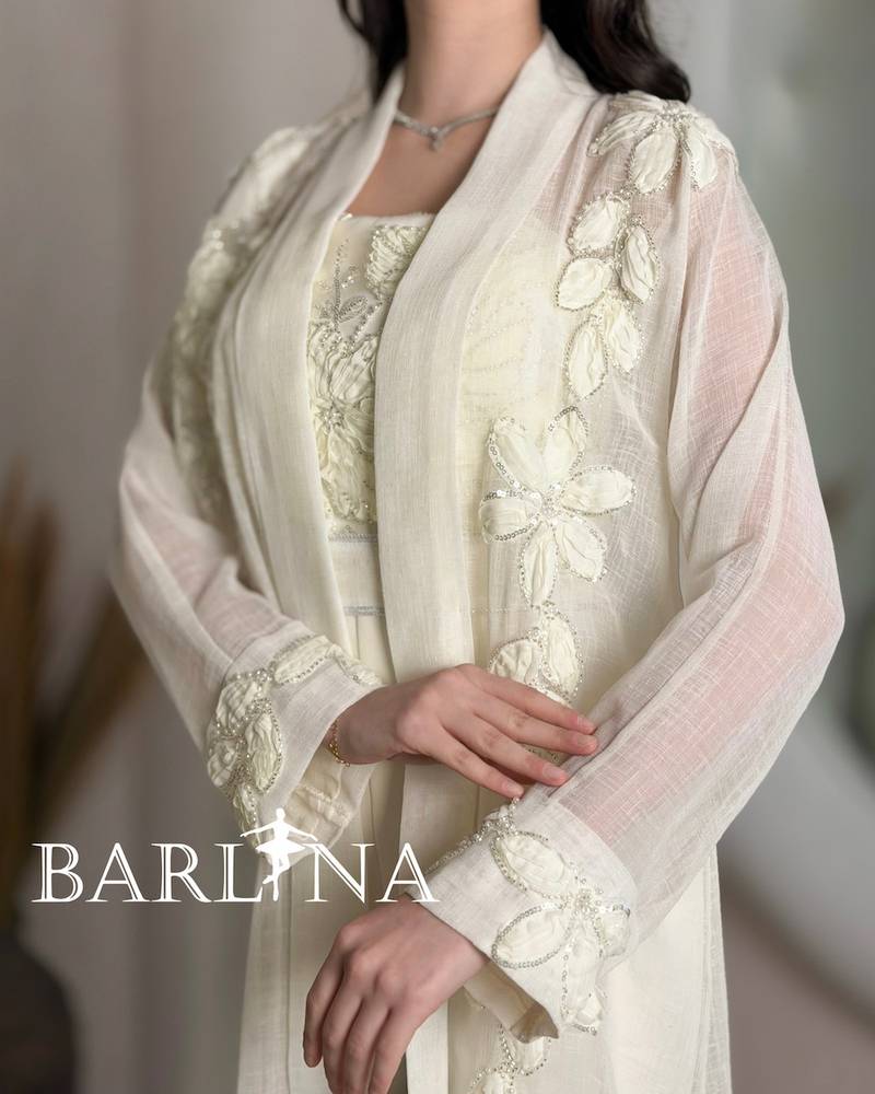 White jumpsuit jalabiya with embroidered sheer skirt