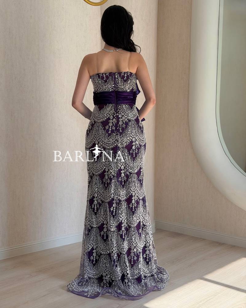 Purple evening dress embroidered with beads and sequins