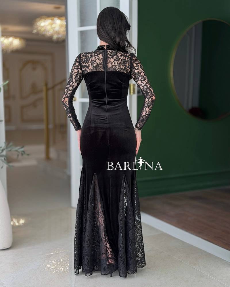 Black velvet dress with sheer lace sleeves