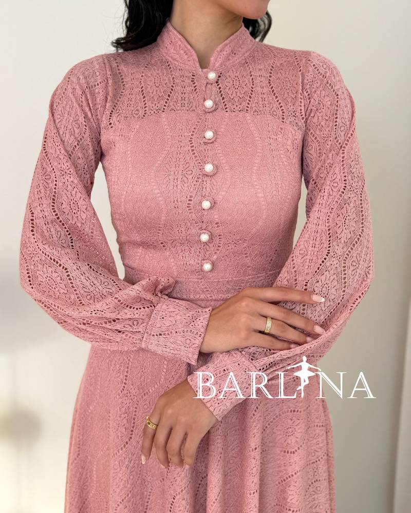 Soft pink lace dress with pearl buttons
