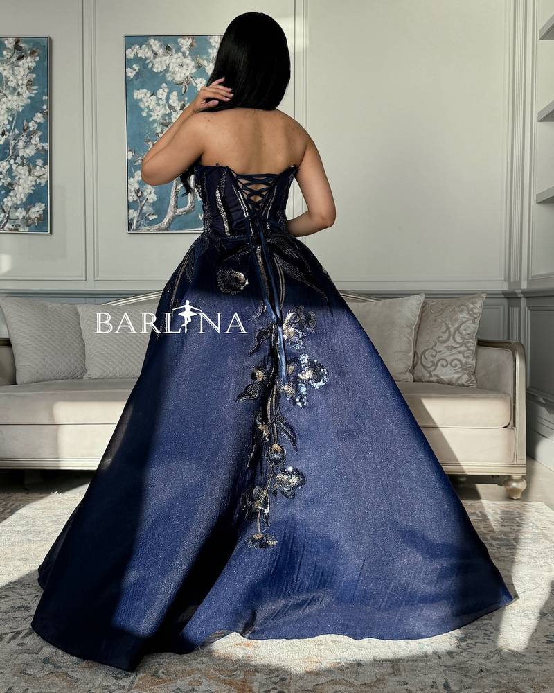 Navy blue open neck evening dress