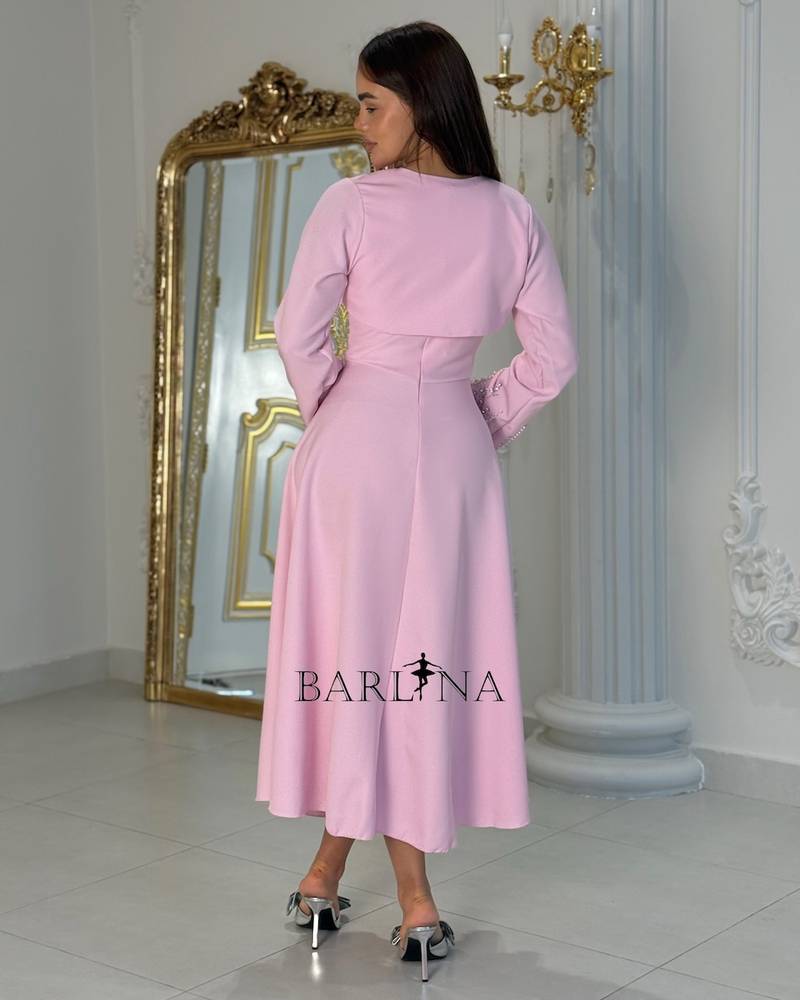 Pink dress with a jacket decorated with crystals and pearls