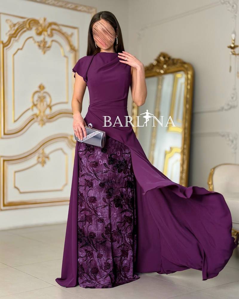 Long purple dress with a floral print