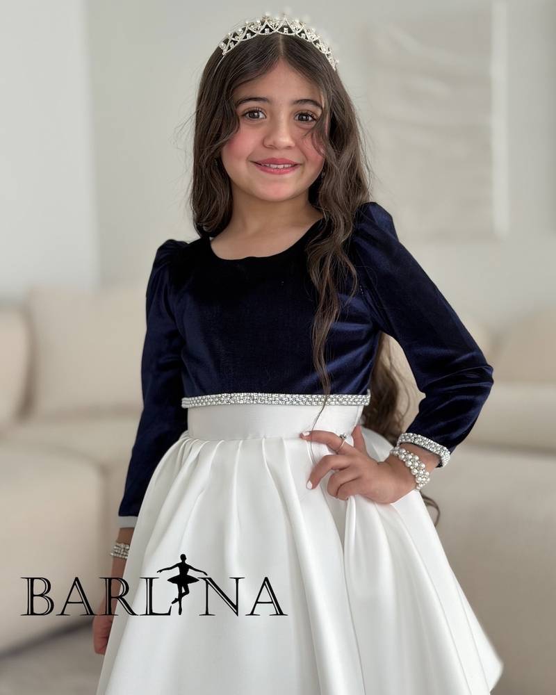 Girls' white dress with a navy velvet top