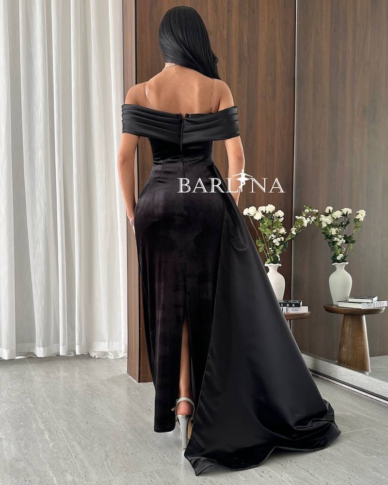 Black Velvet Evening Dress with Dropped Sleeves