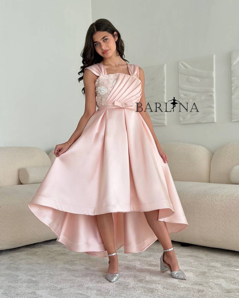 Pink high-low dress with pleats at the chest