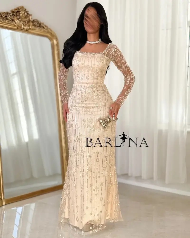 Beige evening dress with sparkling embroidery