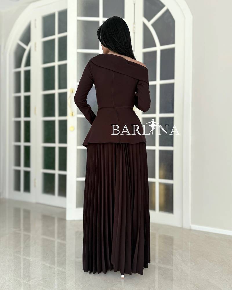 Soft brown off-shoulder pleated dress