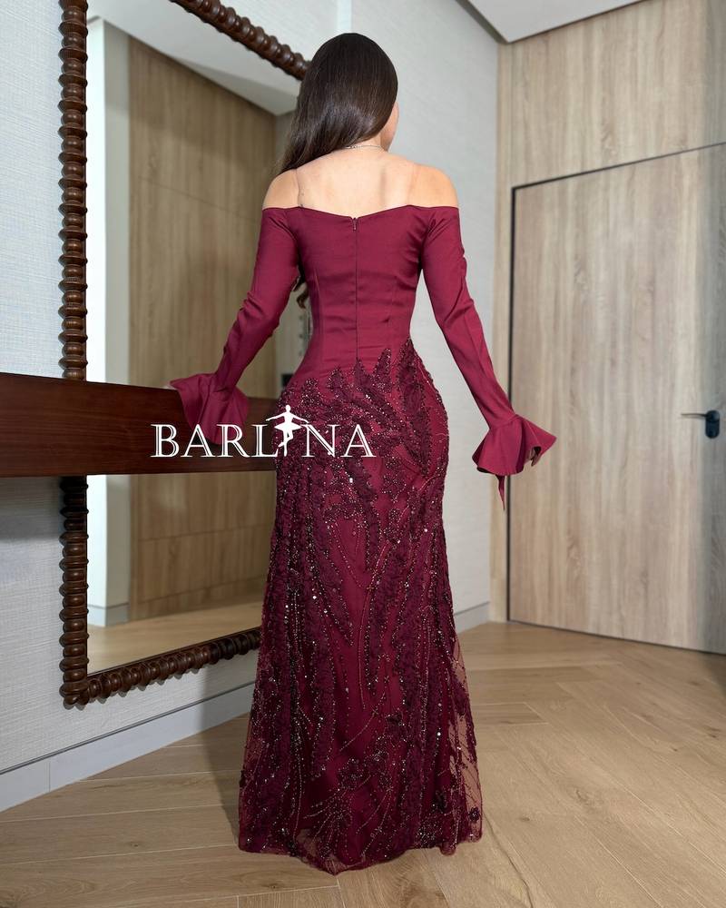 Burgundy off-shoulder dress with luxurious embroidery