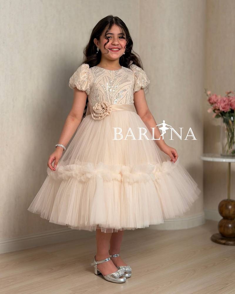 Beige tulle girls’ dress with embellished top