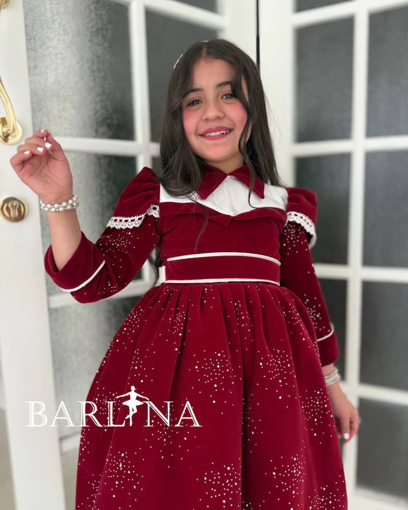 Girls' burgundy velvet dress with white details