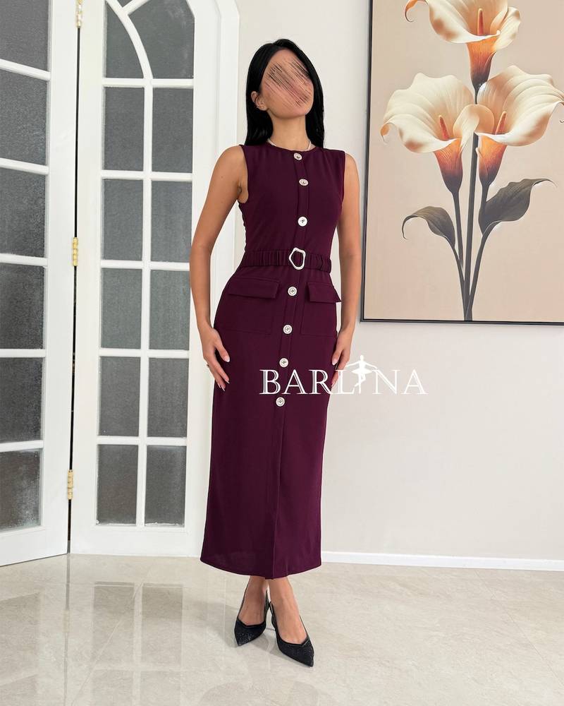 A soft berry-colored dress with a straight cut