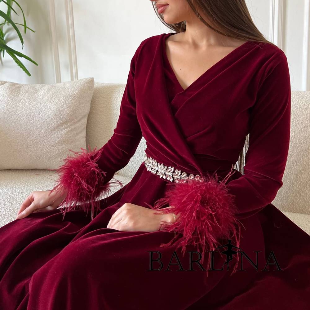 Burgundy velvet dress with feathers