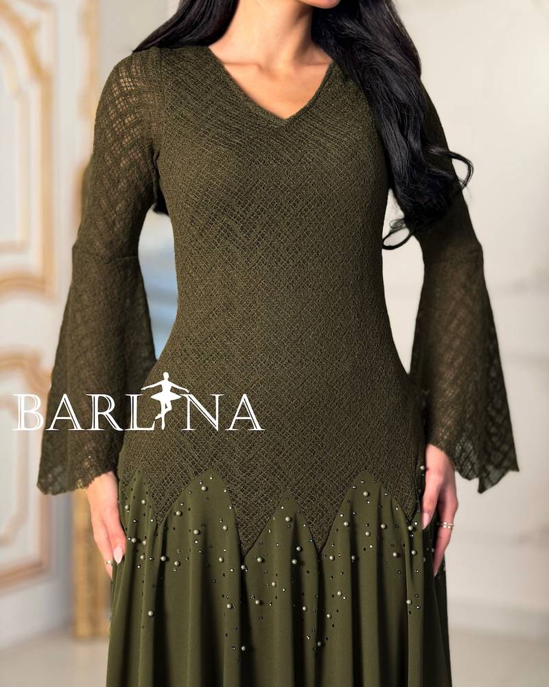 Elegant olive greem dress with bell sleeves