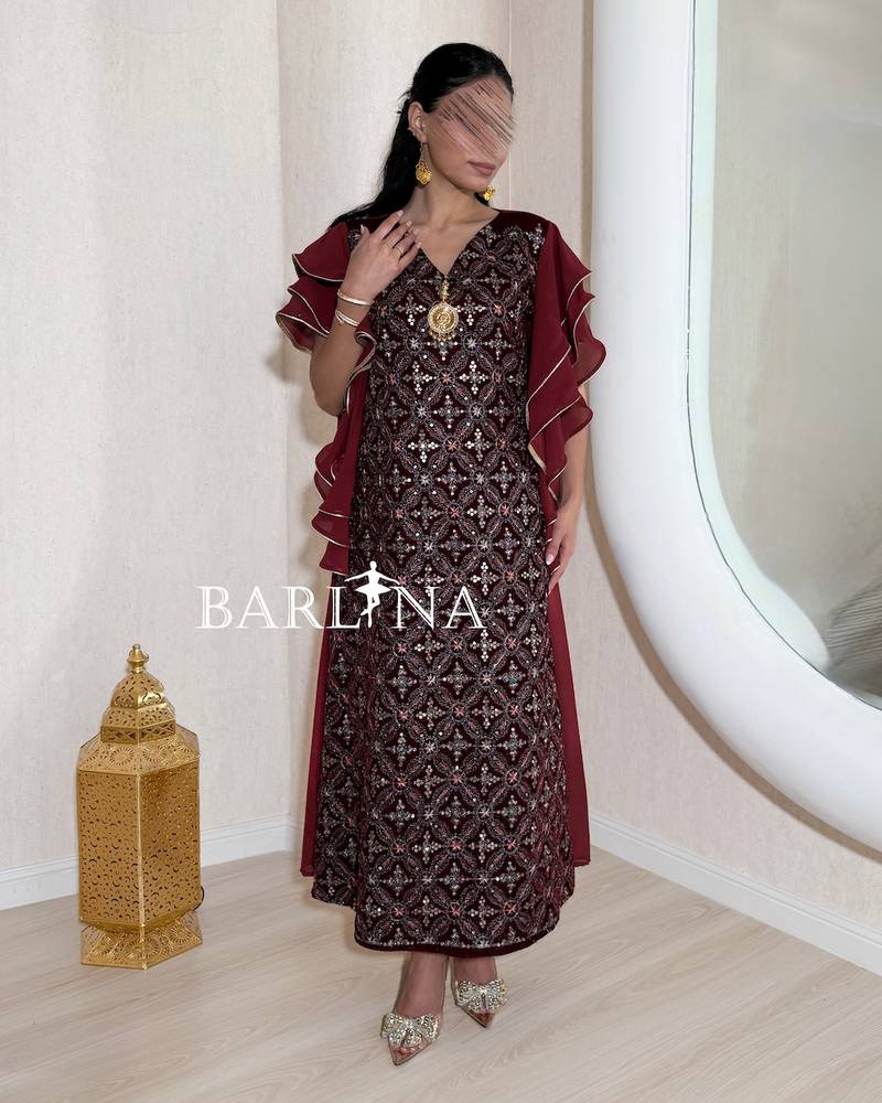 Burgundy jalabiya with a straight cut and ruffled sleeves