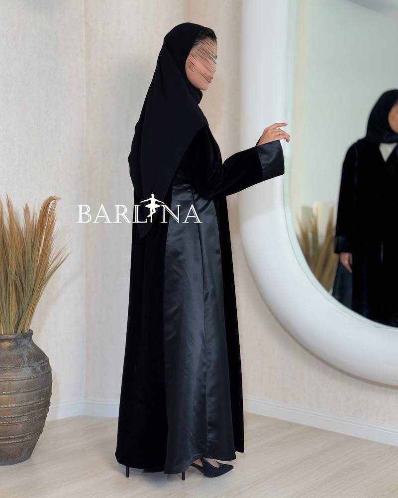 Black velvet abaya with shiny side details