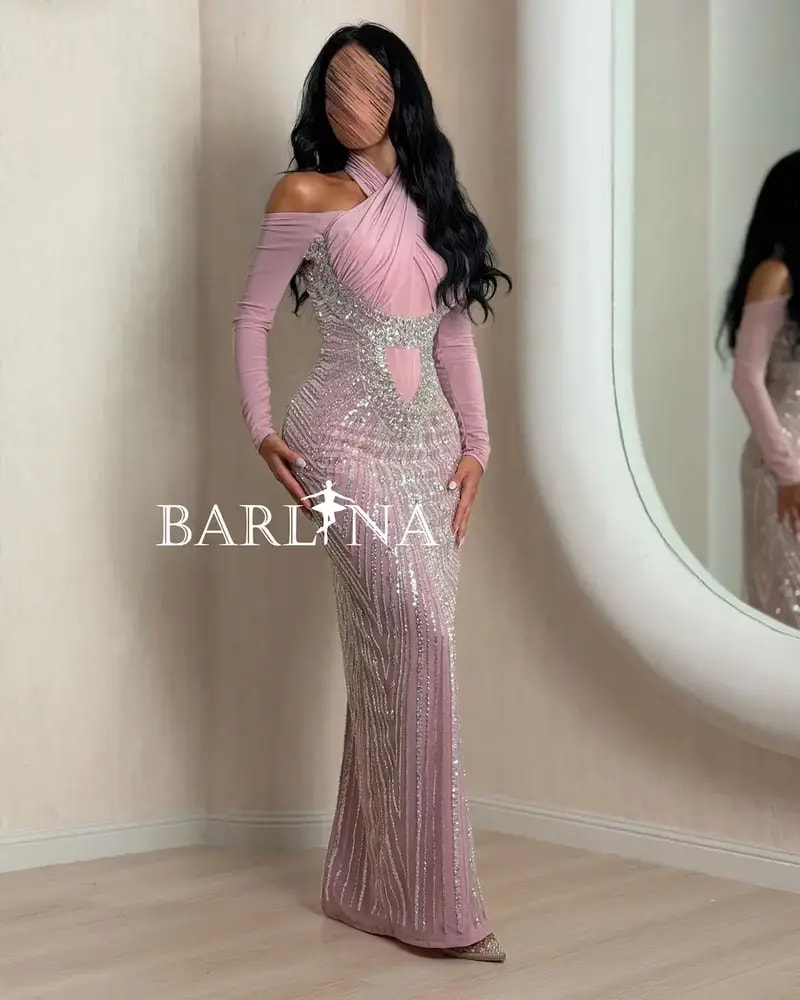Pink evening dress with a cross-neck halter neck