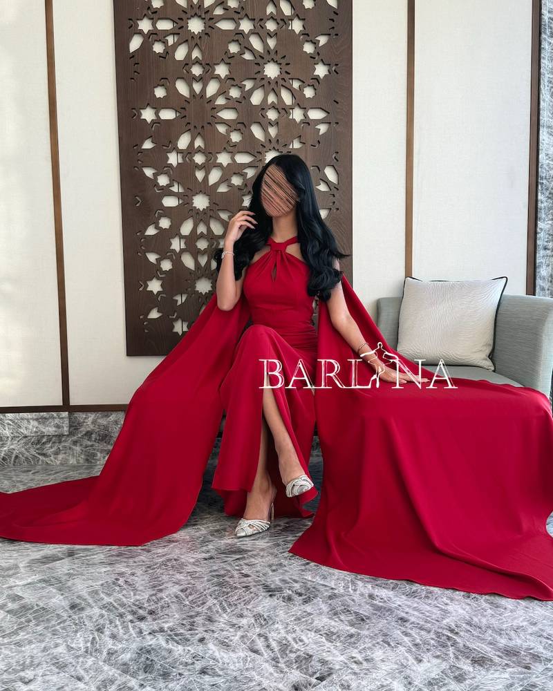 Elegant red maxi dress with long shawl