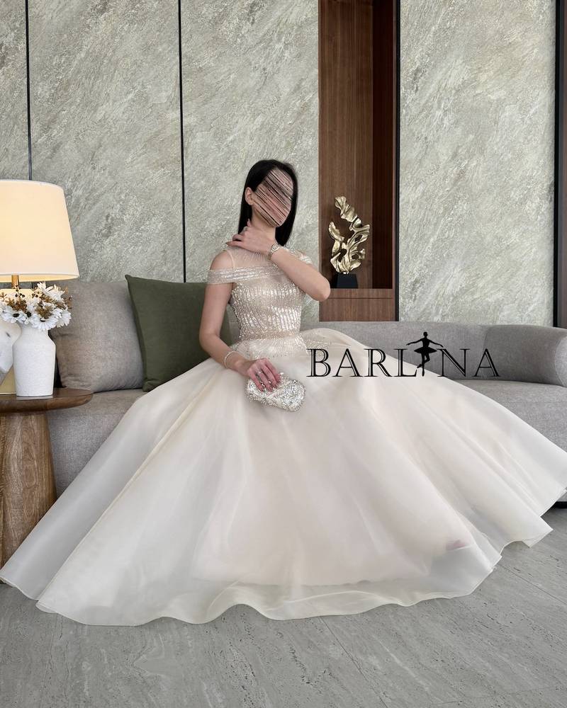 Light beige evening dress with royal embroidery