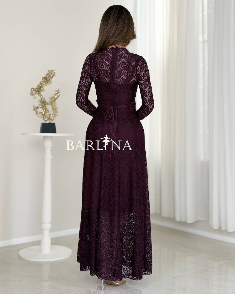 A purple lace dress with an elegant cut