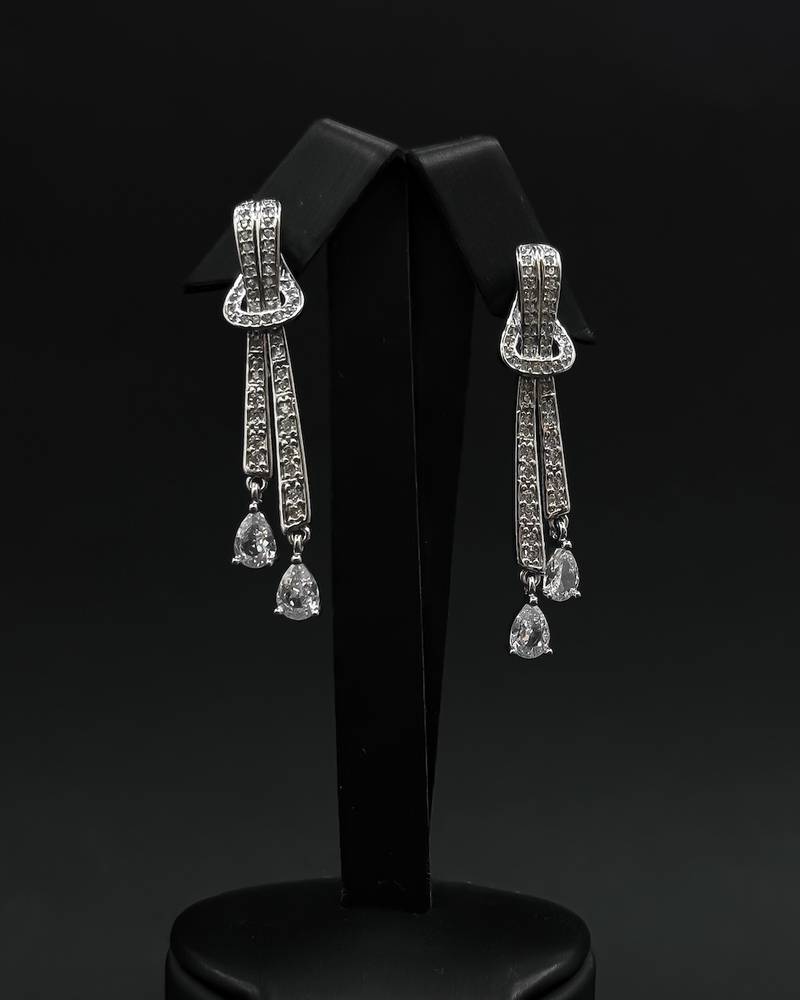 Long silver earrings with an elegant double-layered design