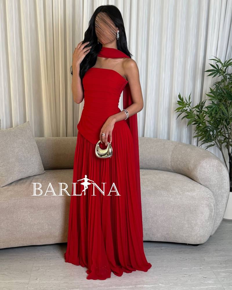 Red pleated dress with separate shawl